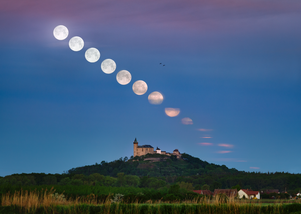 Setting Flower Moon over Kunetice Castle